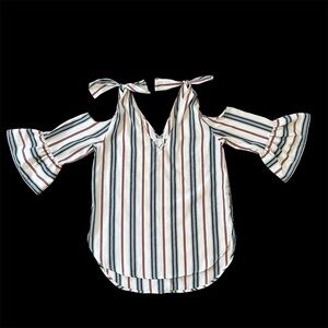 S Womens‎ Red White Blue Pin Stripe Blouse - Cut Out Off Shoulder